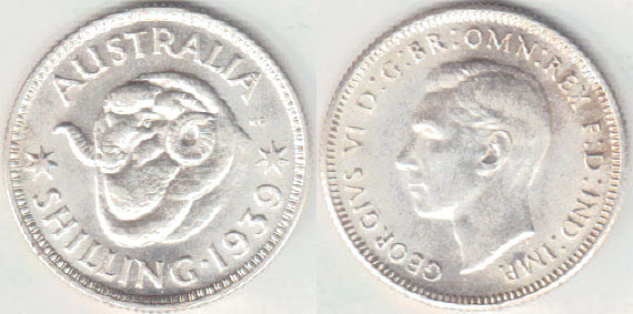 1939 Australia silver Shilling (EF) A001424